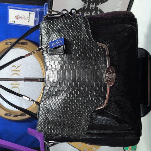 Coach | Bags | Coach Madison Sadie Flap Satchel Black Textured Leather ...